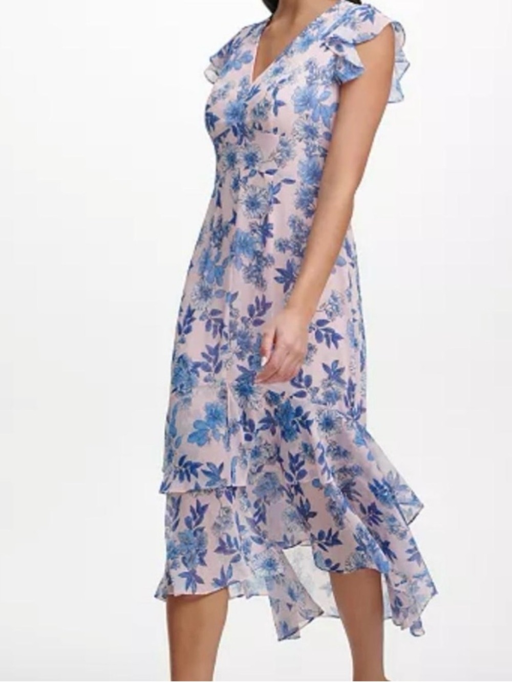 Tommy Hilfiger Floral V-Neck Ruffle Women Midi Dress in Pink and Blue